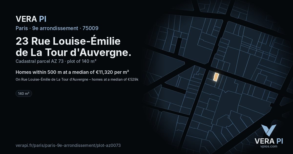 23 Rue Louise-Émilie de La Tour d'Auvergne, 9e arrondissement at night – the plot lit, the parcels around coloured by the prices near them