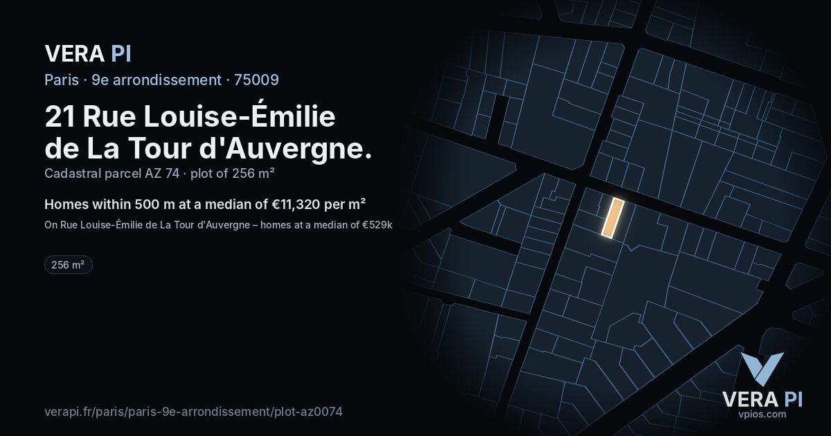 21 Rue Louise-Émilie de La Tour d'Auvergne, 9e arrondissement at night – the plot lit, the parcels around coloured by the prices near them