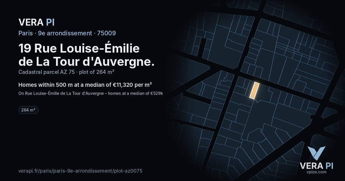 19 Rue Louise-Émilie de La Tour d'Auvergne, 9e arrondissement at night – the plot lit, the parcels around coloured by the prices near them