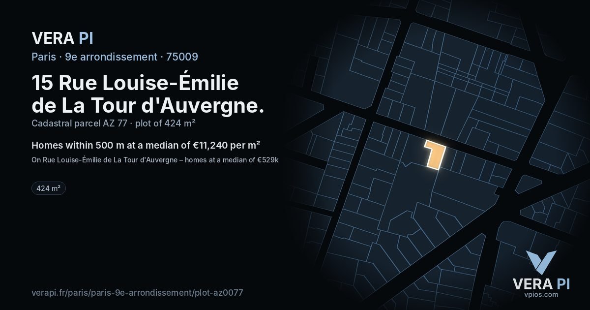15 Rue Louise-Émilie de La Tour d'Auvergne, 9e arrondissement at night – the plot lit, the parcels around coloured by the prices near them