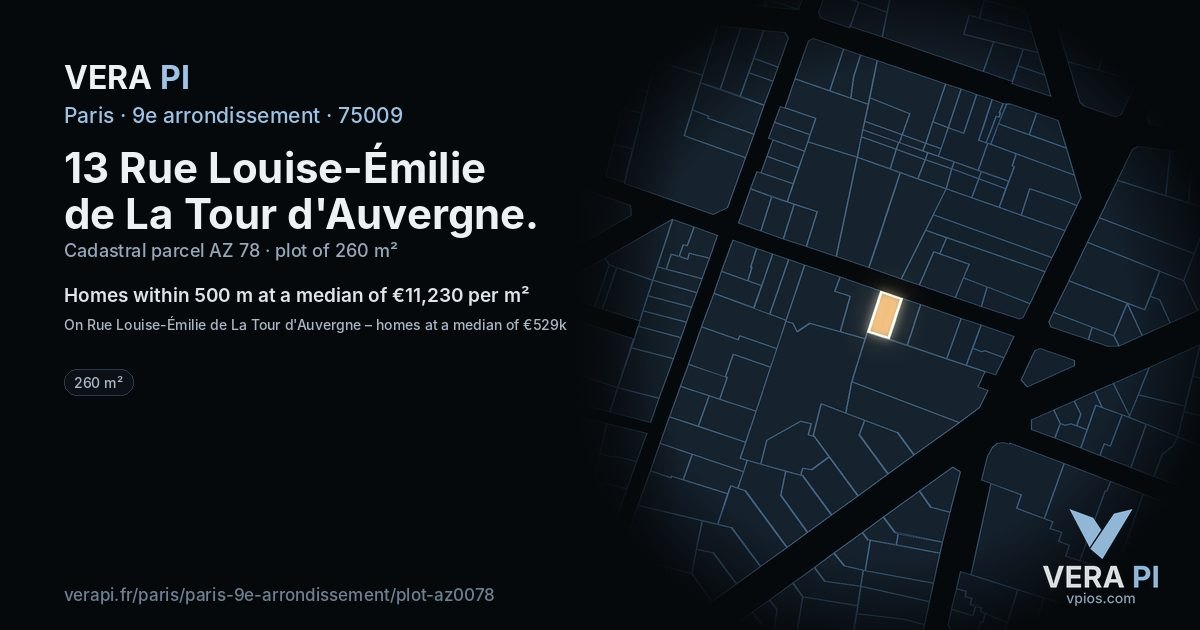 13 Rue Louise-Émilie de La Tour d'Auvergne, 9e arrondissement at night – the plot lit, the parcels around coloured by the prices near them