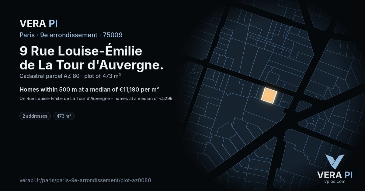 9 Rue Louise-Émilie de La Tour d'Auvergne, 9e arrondissement at night – the plot lit, the parcels around coloured by the prices near them