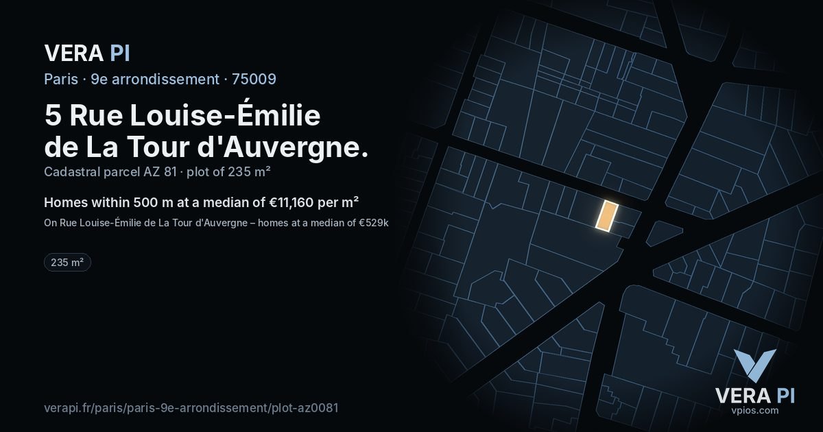 5 Rue Louise-Émilie de La Tour d'Auvergne, 9e arrondissement at night – the plot lit, the parcels around coloured by the prices near them