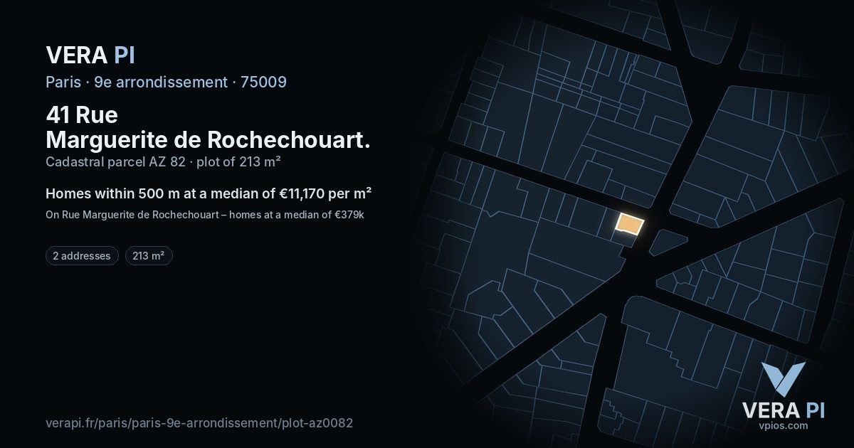 41 Rue Marguerite de Rochechouart, 9e arrondissement at night – the plot lit, the parcels around coloured by the prices near them