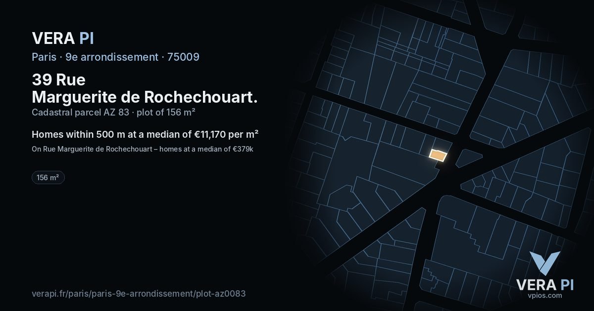 39 Rue Marguerite de Rochechouart, 9e arrondissement at night – the plot lit, the parcels around coloured by the prices near them