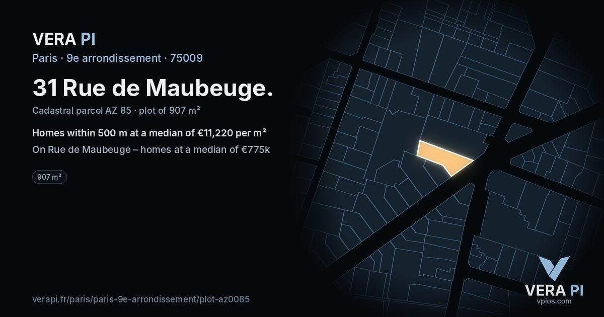 31 Rue de Maubeuge, 9e arrondissement at night – the plot lit, the parcels around coloured by the prices near them
