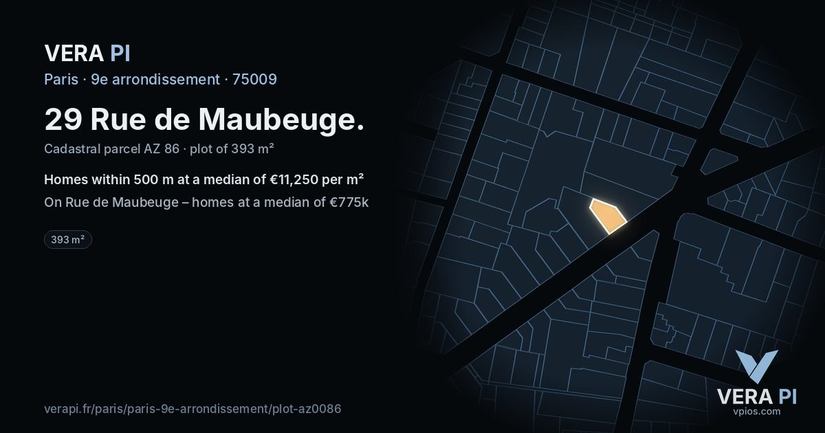 29 Rue de Maubeuge, 9e arrondissement at night – the plot lit, the parcels around coloured by the prices near them