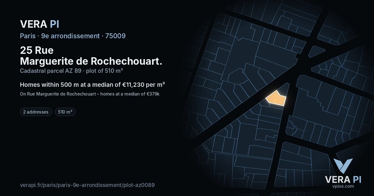 25 Rue Marguerite de Rochechouart, 9e arrondissement at night – the plot lit, the parcels around coloured by the prices near them
