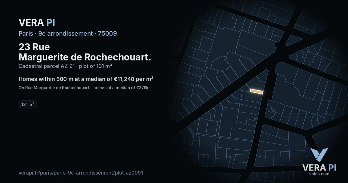 23 Rue Marguerite de Rochechouart, 9e arrondissement at night – the plot lit, the parcels around coloured by the prices near them