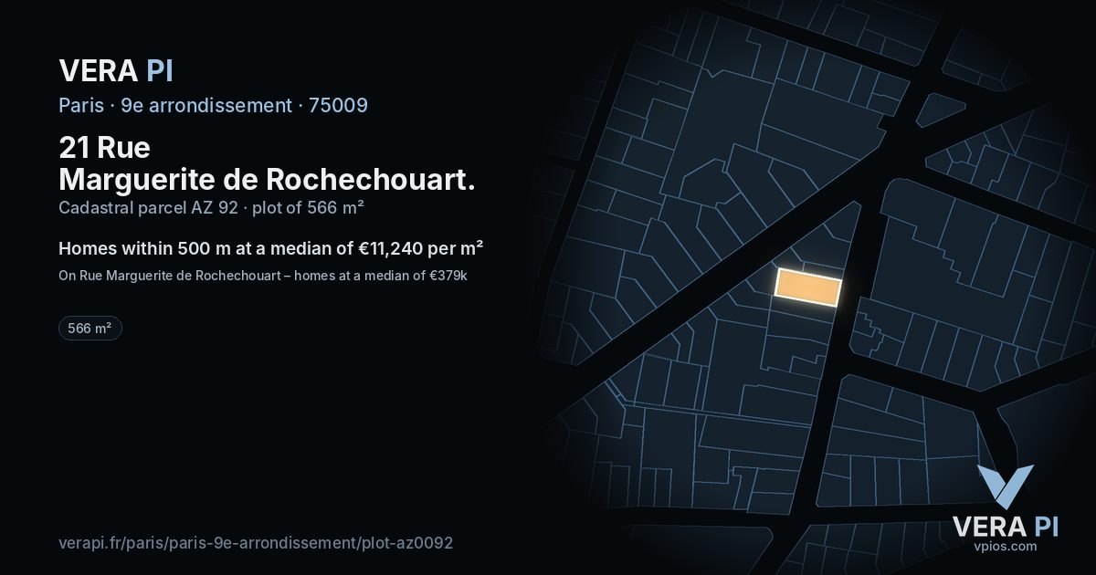 21 Rue Marguerite de Rochechouart, 9e arrondissement at night – the plot lit, the parcels around coloured by the prices near them