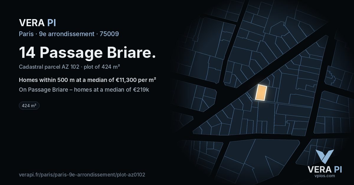 14 Passage Briare, 9e arrondissement at night – the plot lit, the parcels around coloured by the prices near them