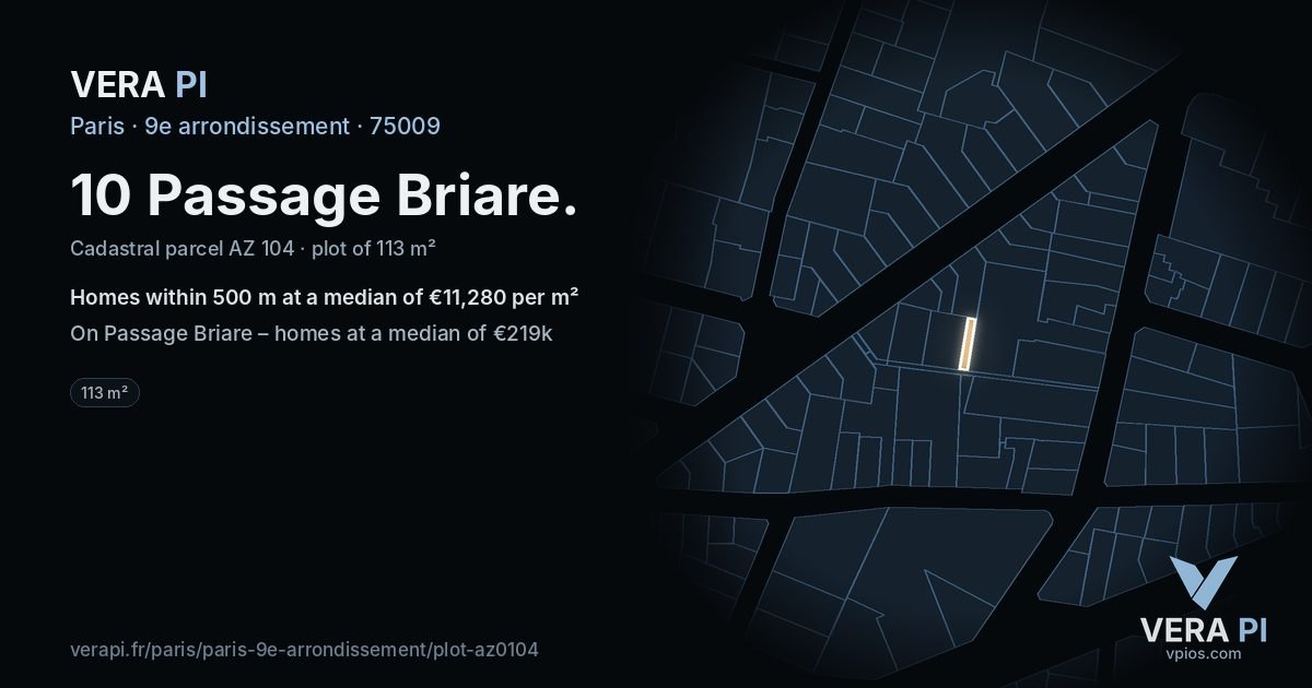 10 Passage Briare, 9e arrondissement at night – the plot lit, the parcels around coloured by the prices near them