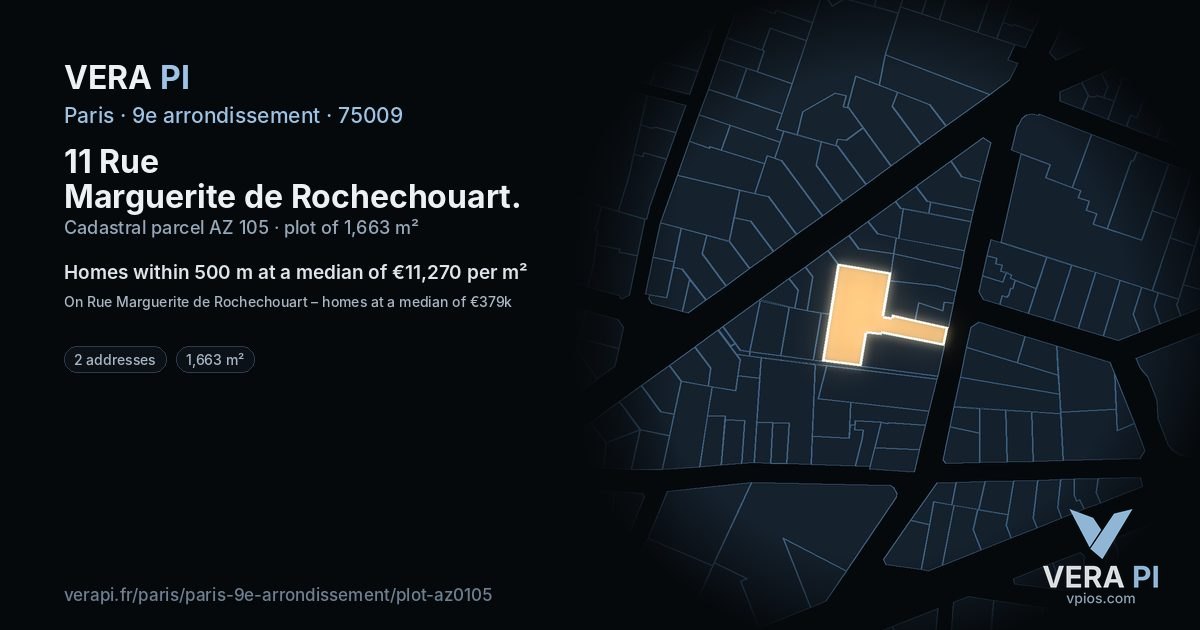 11 Rue Marguerite de Rochechouart, 9e arrondissement at night – the plot lit, the parcels around coloured by the prices near them