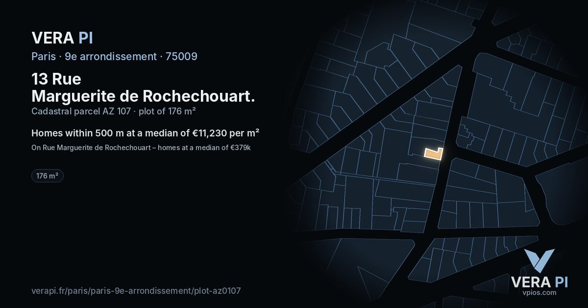 13 Rue Marguerite de Rochechouart, 9e arrondissement at night – the plot lit, the parcels around coloured by the prices near them