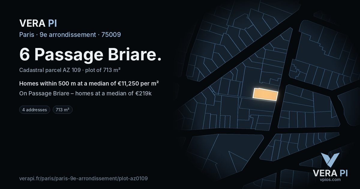 6 Passage Briare, 9e arrondissement at night – the plot lit, the parcels around coloured by the prices near them