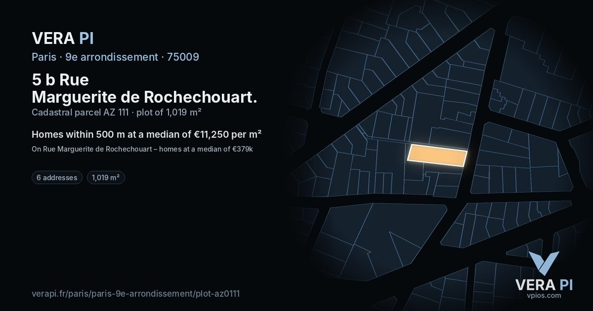 5 b Rue Marguerite de Rochechouart, 9e arrondissement at night – the plot lit, the parcels around coloured by the prices near them