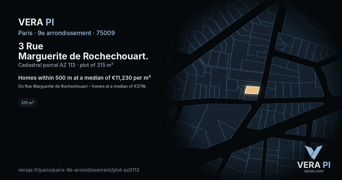 3 Rue Marguerite de Rochechouart, 9e arrondissement at night – the plot lit, the parcels around coloured by the prices near them