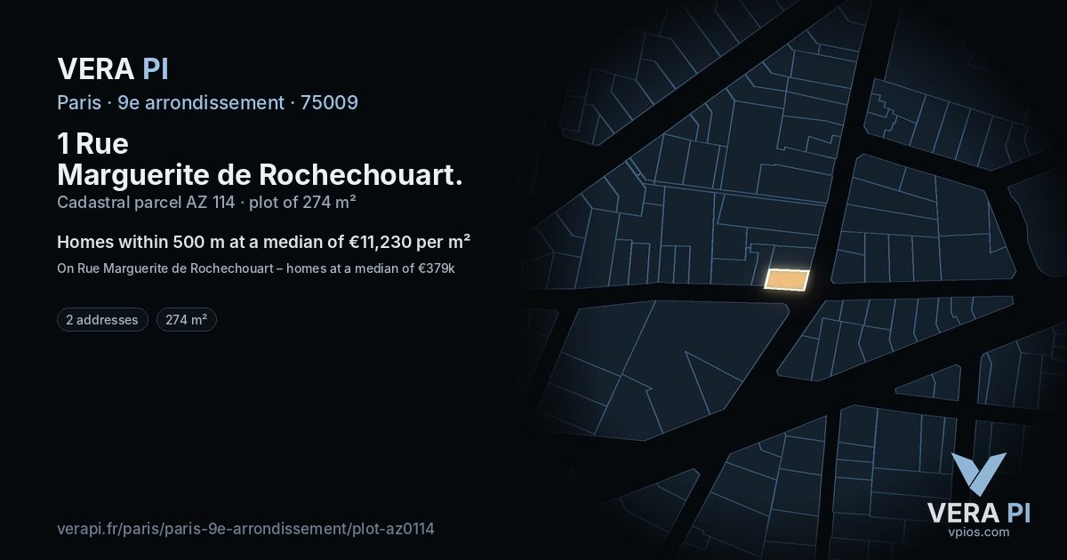 1 Rue Marguerite de Rochechouart, 9e arrondissement at night – the plot lit, the parcels around coloured by the prices near them