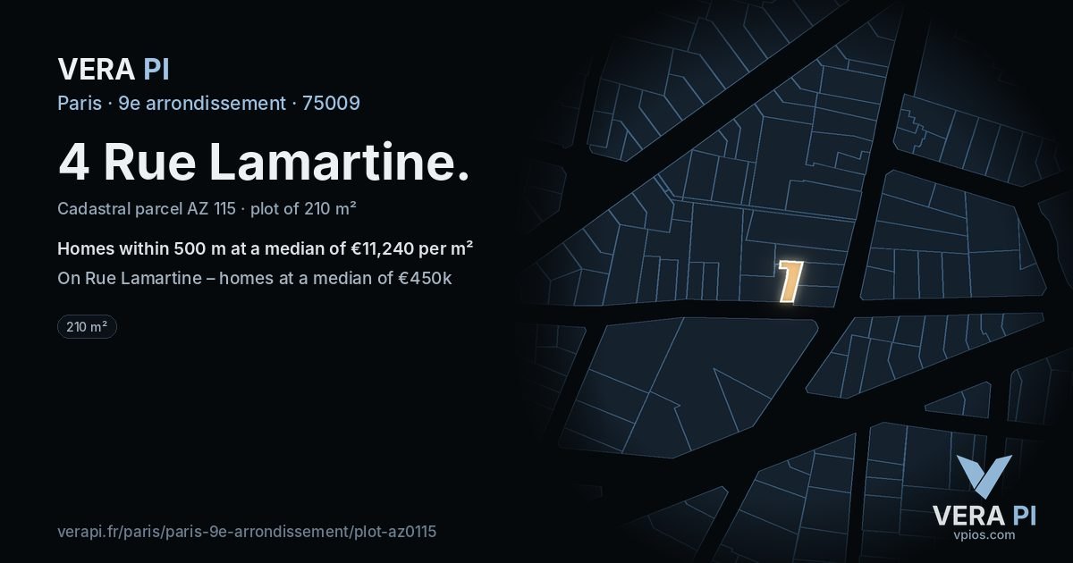 4 Rue Lamartine, 9e arrondissement at night – the plot lit, the parcels around coloured by the prices near them