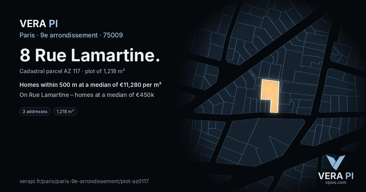 8 Rue Lamartine, 9e arrondissement at night – the plot lit, the parcels around coloured by the prices near them
