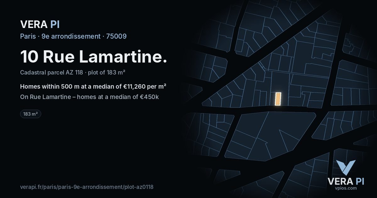 10 Rue Lamartine, 9e arrondissement at night – the plot lit, the parcels around coloured by the prices near them