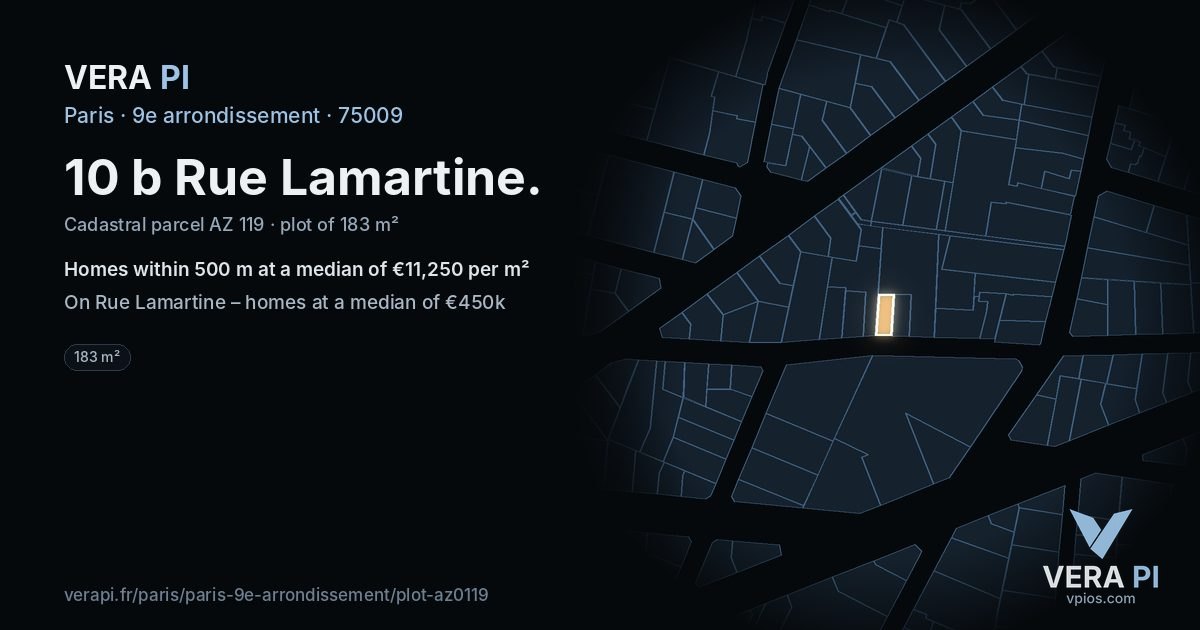 10 b Rue Lamartine, 9e arrondissement at night – the plot lit, the parcels around coloured by the prices near them