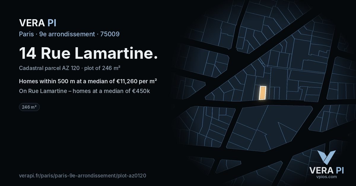 14 Rue Lamartine, 9e arrondissement at night – the plot lit, the parcels around coloured by the prices near them