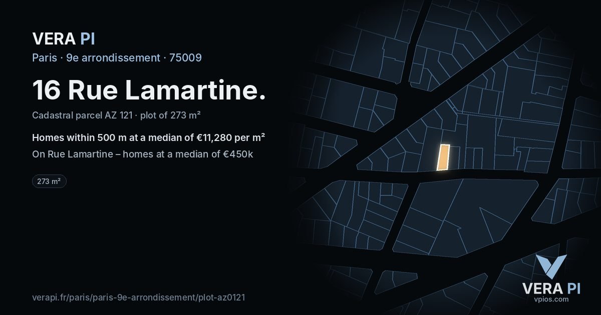 16 Rue Lamartine, 9e arrondissement at night – the plot lit, the parcels around coloured by the prices near them