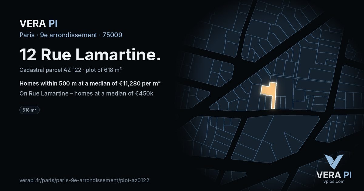 12 Rue Lamartine, 9e arrondissement at night – the plot lit, the parcels around coloured by the prices near them