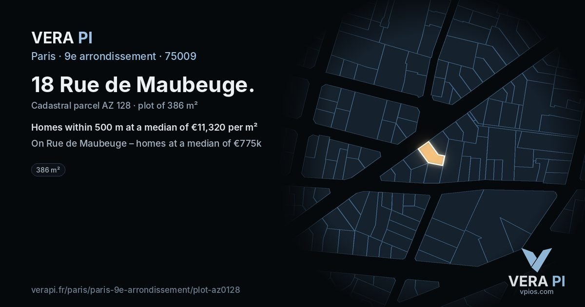 18 Rue de Maubeuge, 9e arrondissement at night – the plot lit, the parcels around coloured by the prices near them