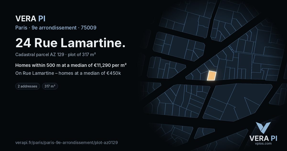 24 Rue Lamartine, 9e arrondissement at night – the plot lit, the parcels around coloured by the prices near them
