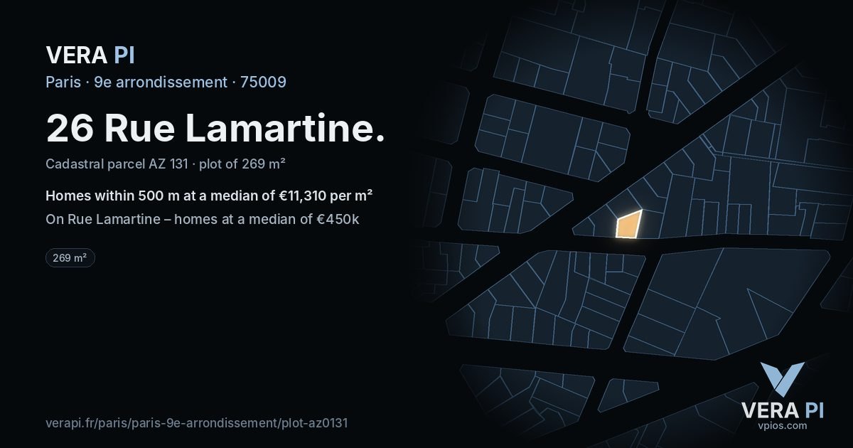 26 Rue Lamartine, 9e arrondissement at night – the plot lit, the parcels around coloured by the prices near them