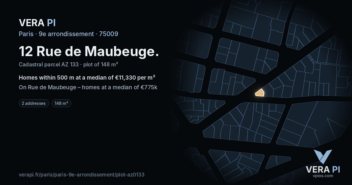 12 Rue de Maubeuge, 9e arrondissement at night – the plot lit, the parcels around coloured by the prices near them
