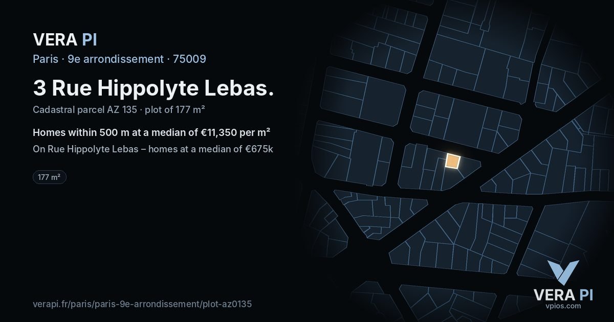 3 Rue Hippolyte Lebas, 9e arrondissement at night – the plot lit, the parcels around coloured by the prices near them