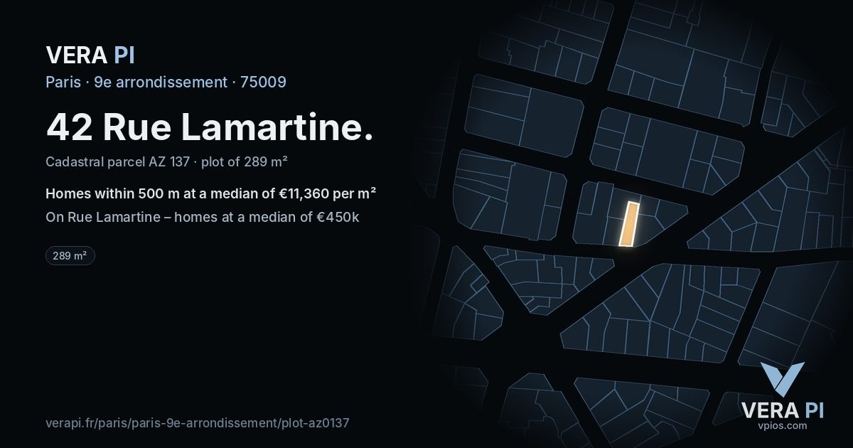 42 Rue Lamartine, 9e arrondissement at night – the plot lit, the parcels around coloured by the prices near them