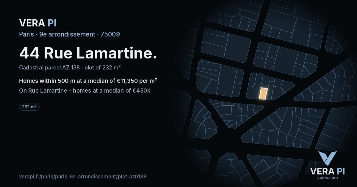 44 Rue Lamartine, 9e arrondissement at night – the plot lit, the parcels around coloured by the prices near them
