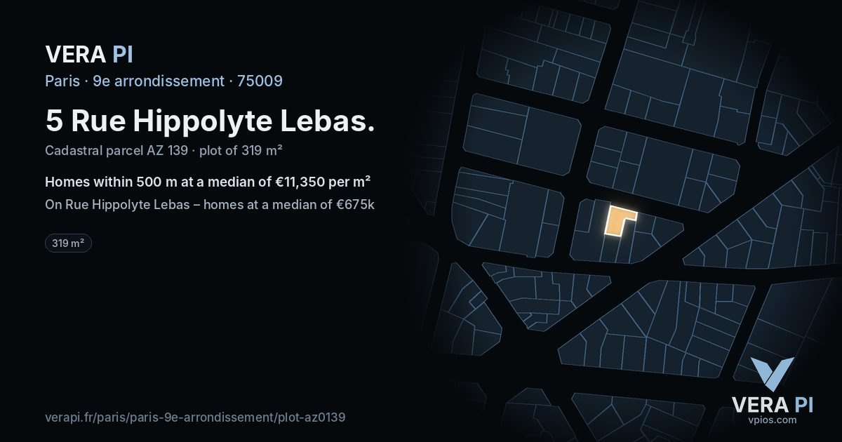 5 Rue Hippolyte Lebas, 9e arrondissement at night – the plot lit, the parcels around coloured by the prices near them