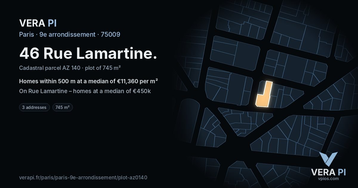 46 Rue Lamartine, 9e arrondissement at night – the plot lit, the parcels around coloured by the prices near them