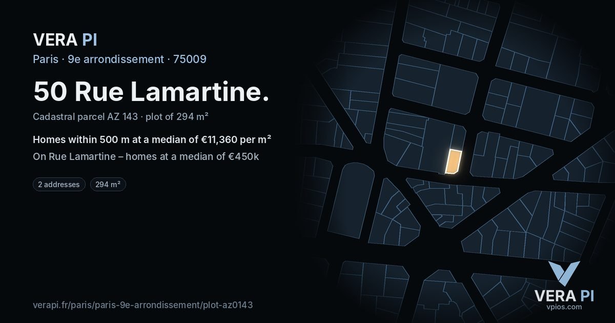 50 Rue Lamartine, 9e arrondissement at night – the plot lit, the parcels around coloured by the prices near them