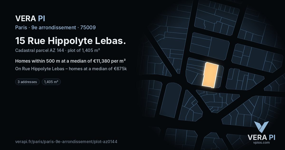 15 Rue Hippolyte Lebas, 9e arrondissement at night – the plot lit, the parcels around coloured by the prices near them