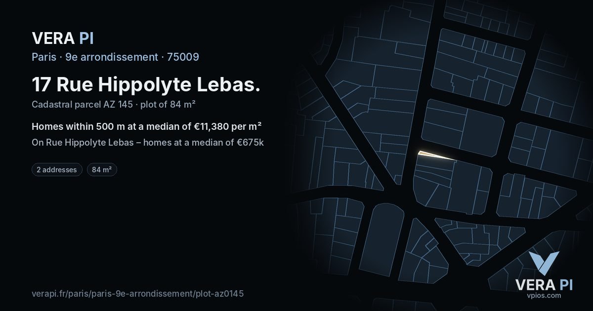 17 Rue Hippolyte Lebas, 9e arrondissement at night – the plot lit, the parcels around coloured by the prices near them