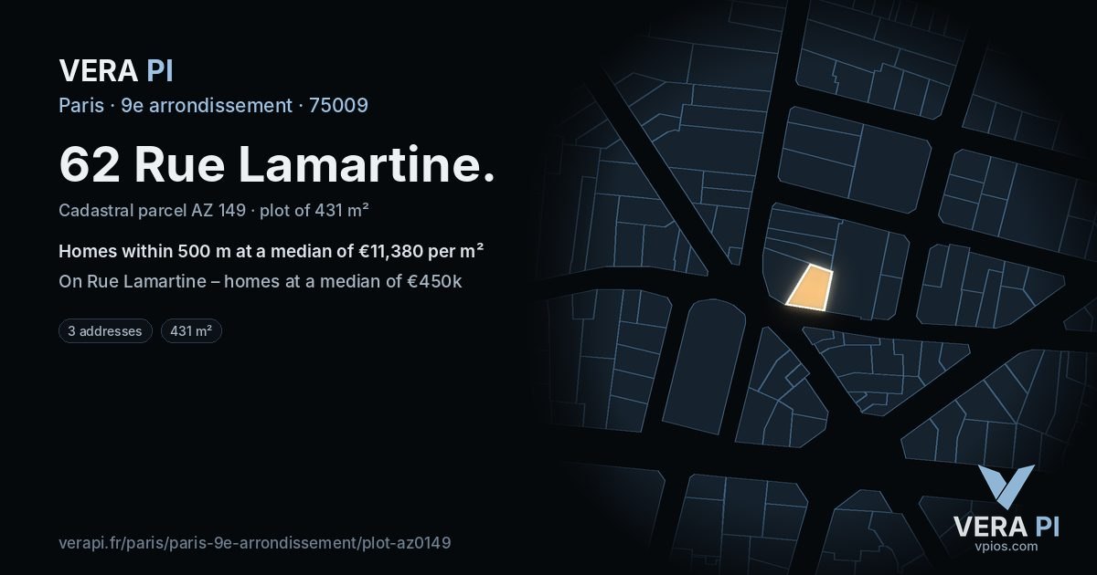 62 Rue Lamartine, 9e arrondissement at night – the plot lit, the parcels around coloured by the prices near them
