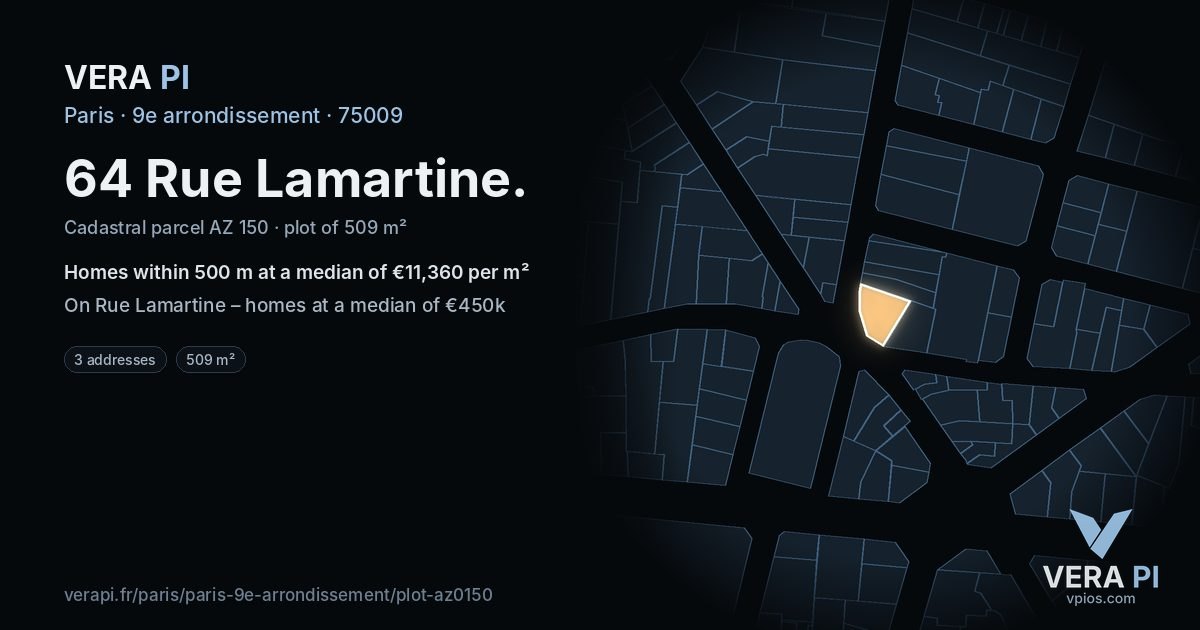 64 Rue Lamartine, 9e arrondissement at night – the plot lit, the parcels around coloured by the prices near them