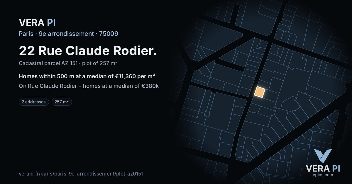 22 Rue Claude Rodier, 9e arrondissement at night – the plot lit, the parcels around coloured by the prices near them