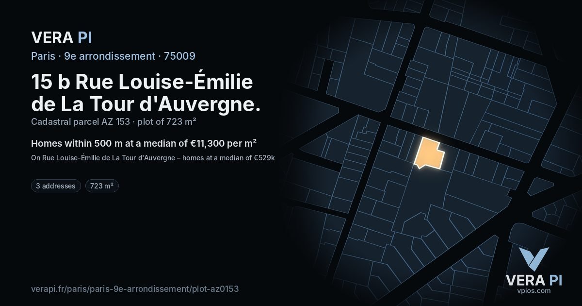 15 b Rue Louise-Émilie de La Tour d'Auvergne, 9e arrondissement at night – the plot lit, the parcels around coloured by the prices near them
