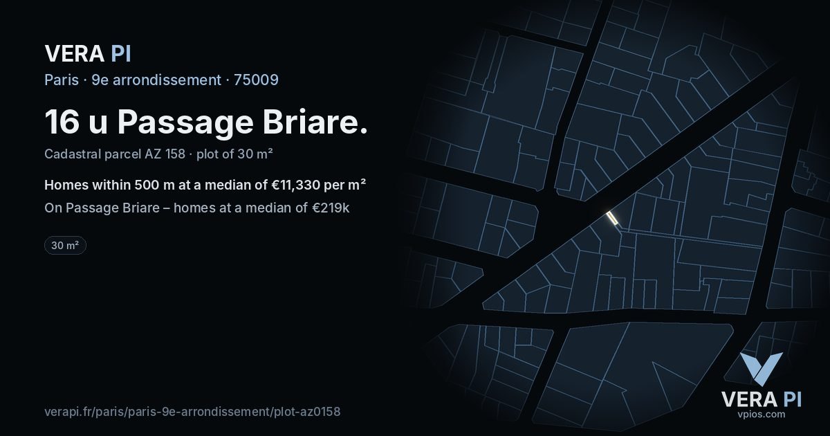 16 u Passage Briare, 9e arrondissement at night – the plot lit, the parcels around coloured by the prices near them