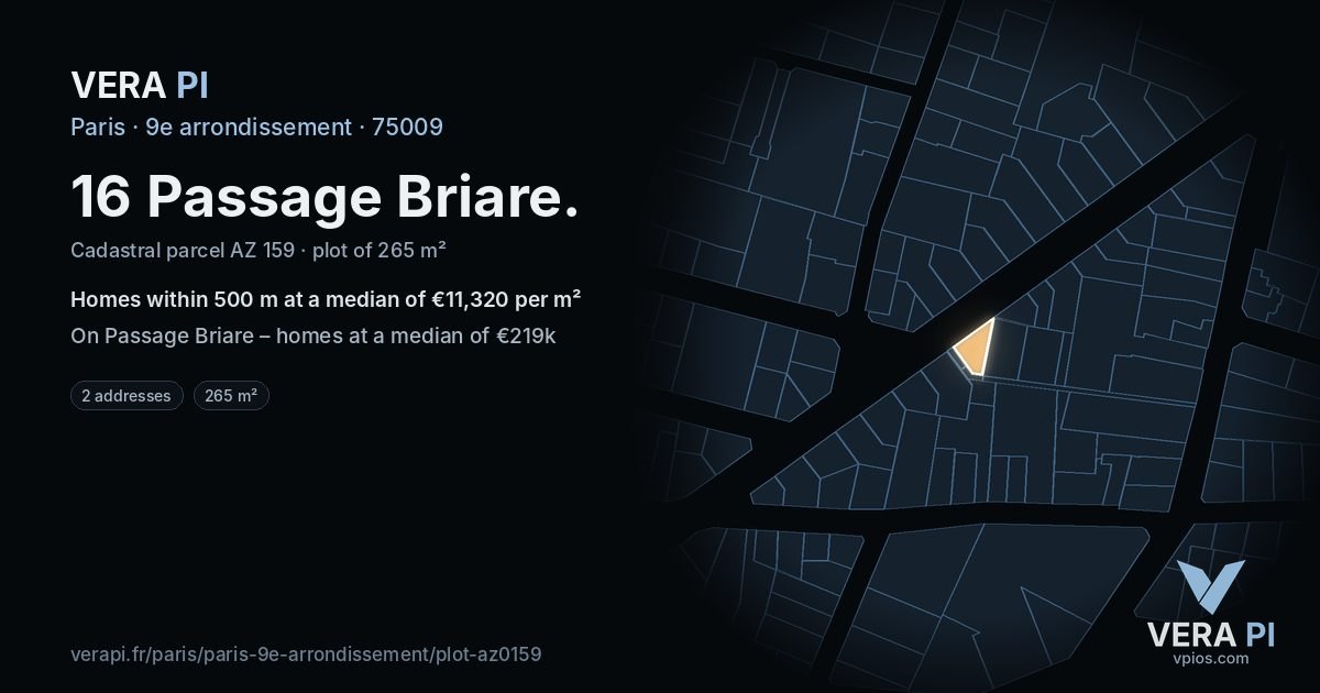 16 Passage Briare, 9e arrondissement at night – the plot lit, the parcels around coloured by the prices near them