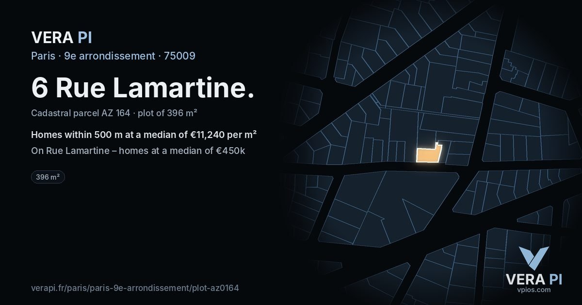 6 Rue Lamartine, 9e arrondissement at night – the plot lit, the parcels around coloured by the prices near them