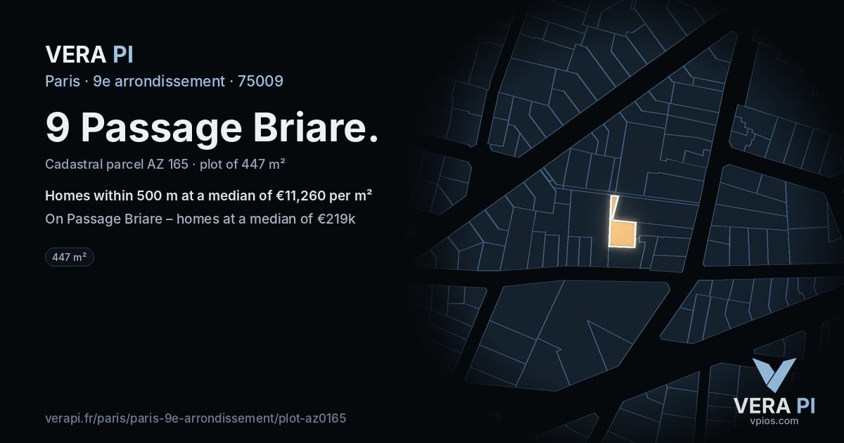 9 Passage Briare, 9e arrondissement at night – the plot lit, the parcels around coloured by the prices near them