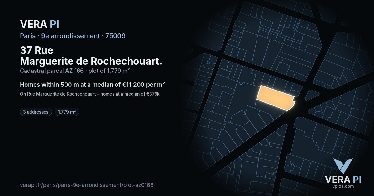 37 Rue Marguerite de Rochechouart, 9e arrondissement at night – the plot lit, the parcels around coloured by the prices near them